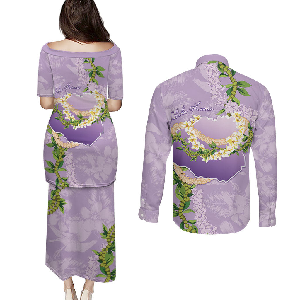 Hawaii Kauai Island Flowers Lei Couples Matching Puletasi and Long Sleeve Button Shirt Mokihana Lei LT7 - Polynesian Pride