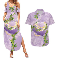 Hawaii Kauai Island Flowers Lei Couples Matching Summer Maxi Dress and Hawaiian Shirt Mokihana Lei LT7 Lavender - Polynesian Pride