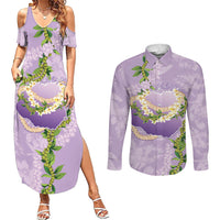 Hawaii Kauai Island Flowers Lei Couples Matching Summer Maxi Dress and Long Sleeve Button Shirt Mokihana Lei LT7 Lavender - Polynesian Pride