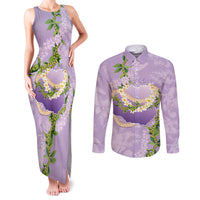 Hawaii Kauai Island Flowers Lei Couples Matching Tank Maxi Dress and Long Sleeve Button Shirt Mokihana Lei LT7 Lavender - Polynesian Pride