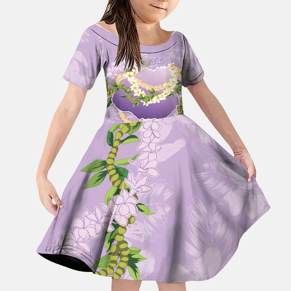Hawaii Kauai Island Flowers Lei Family Matching Long Sleeve Bodycon Dress and Hawaiian Shirt Mokihana Lei LT7 Daughter's Dress Lavender - Polynesian Pride