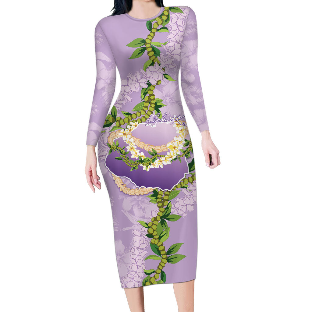 Hawaii Kauai Island Flowers Lei Family Matching Long Sleeve Bodycon Dress and Hawaiian Shirt Mokihana Lei LT7 Mom's Dress Lavender - Polynesian Pride