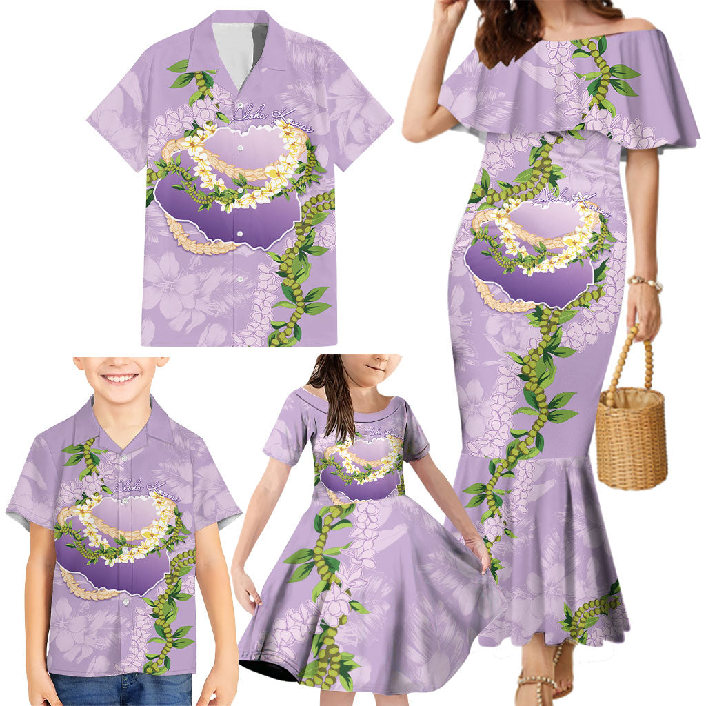 Hawaii Kauai Island Flowers Lei Family Matching Mermaid Dress and Hawaiian Shirt Mokihana Lei