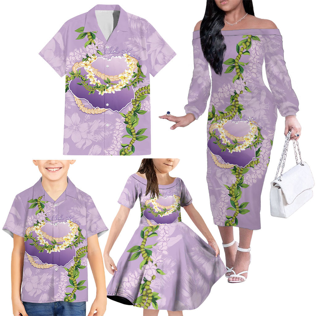 Hawaii Kauai Island Flowers Lei Family Matching Off The Shoulder Long Sleeve Dress and Hawaiian Shirt Mokihana Lei LT7 - Polynesian Pride