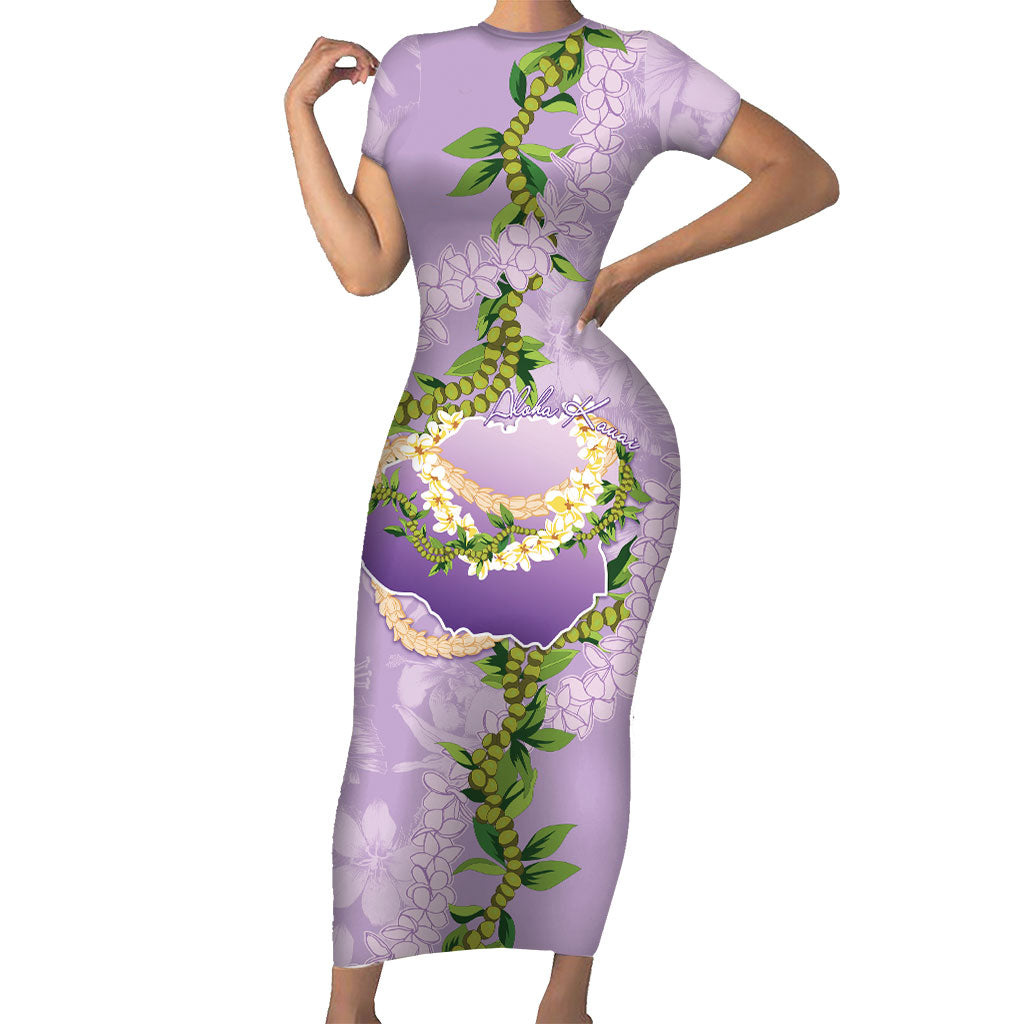 Hawaii Kauai Island Flowers Lei Short Sleeve Bodycon Dress Mokihana Lei LT7 Long Dress Lavender - Polynesian Pride
