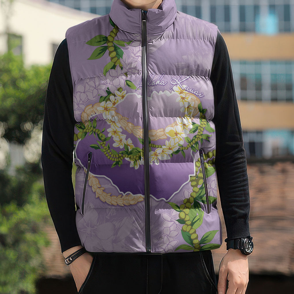Hawaii Kauai Island Flowers Lei Sleeveless Puffer Jacket Mokihana Lei