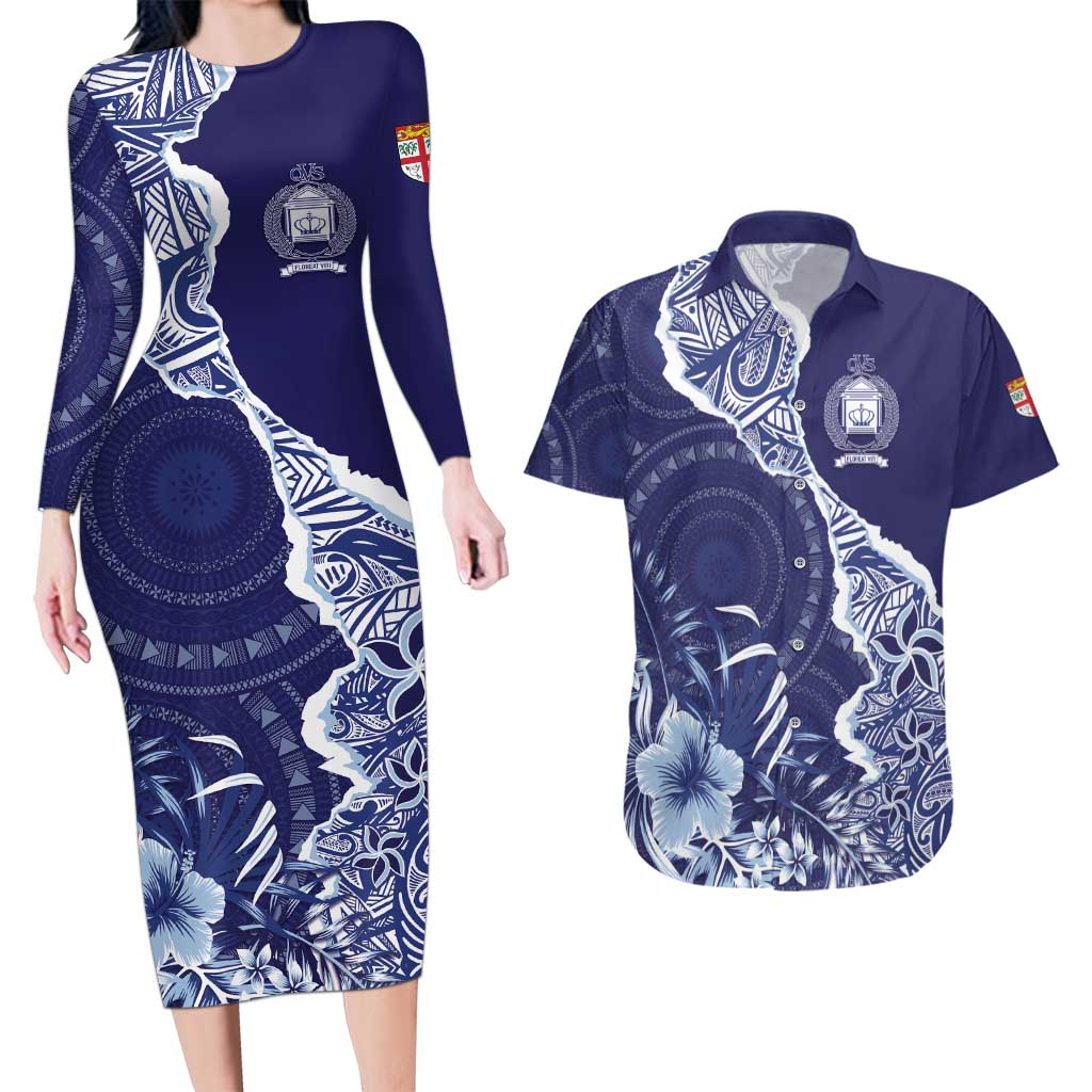 Fiji Queen Victoria School Personalised Couples Matching Long Sleeve Bodycon Dress and Hawaiian Shirt Masi Tapa Torn Style LT7 Blue - Polynesian Pride