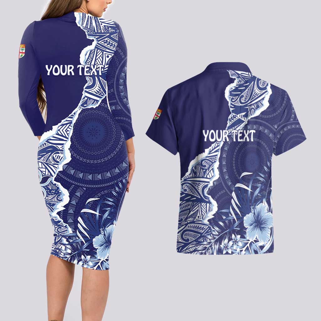 Fiji Queen Victoria School Personalised Couples Matching Long Sleeve Bodycon Dress and Hawaiian Shirt Masi Tapa Torn Style LT7 - Polynesian Pride