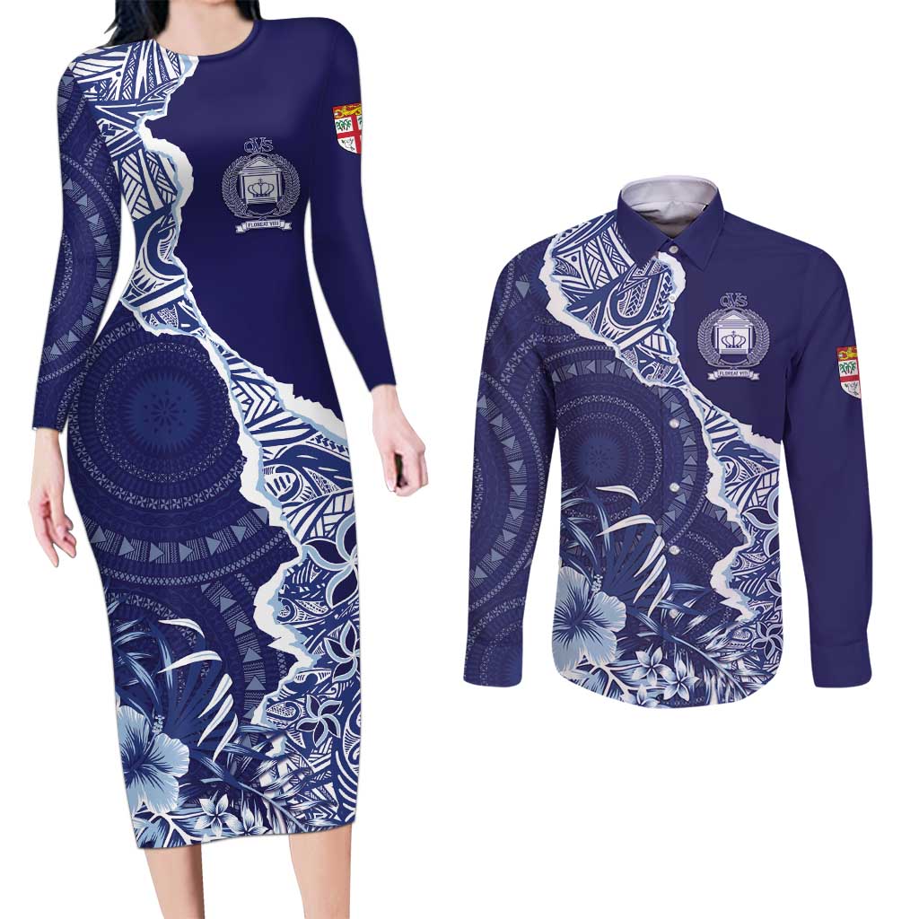 Fiji Queen Victoria School Personalised Couples Matching Long Sleeve Bodycon Dress and Long Sleeve Button Shirt Masi Tapa Torn Style LT7 Blue - Polynesian Pride