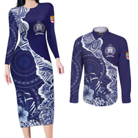 Fiji Queen Victoria School Personalised Couples Matching Long Sleeve Bodycon Dress and Long Sleeve Button Shirt Masi Tapa Torn Style LT7 Blue - Polynesian Pride