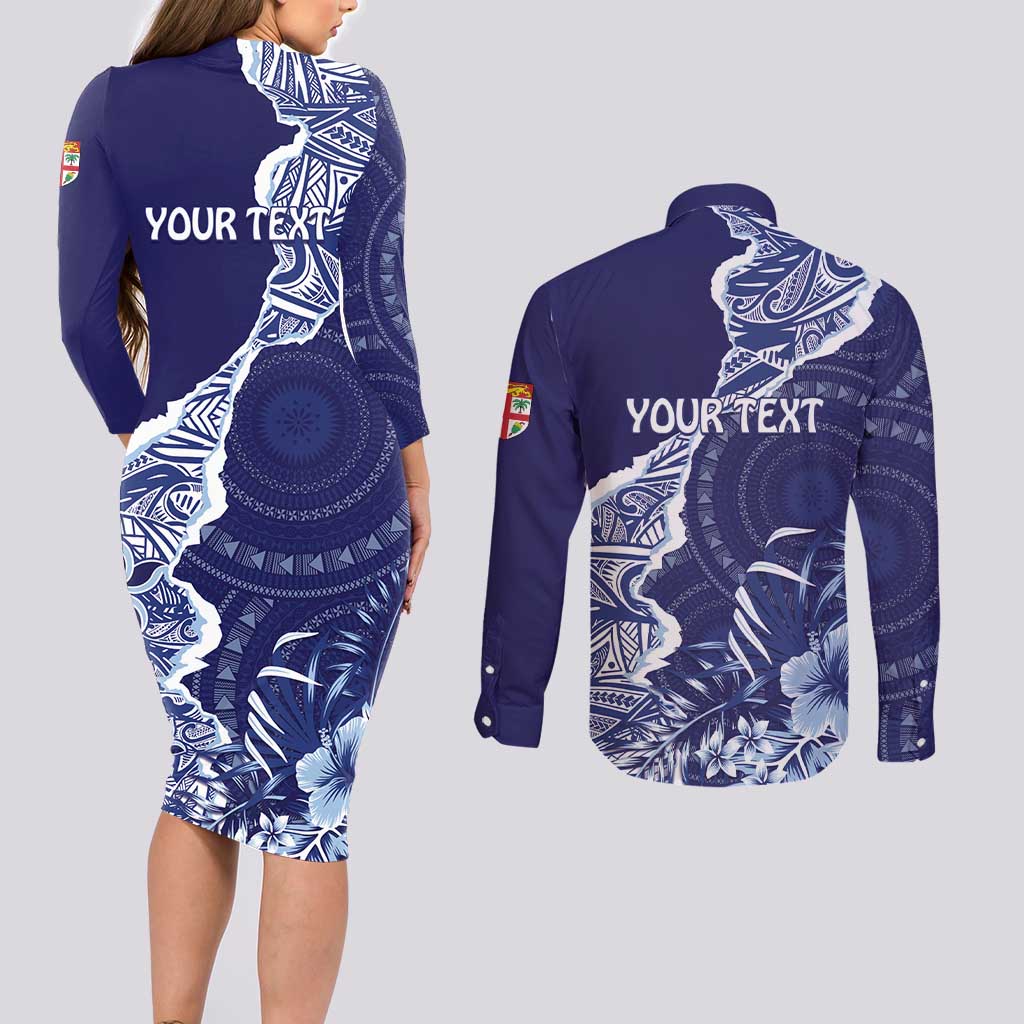 Fiji Queen Victoria School Personalised Couples Matching Long Sleeve Bodycon Dress and Long Sleeve Button Shirt Masi Tapa Torn Style LT7 - Polynesian Pride
