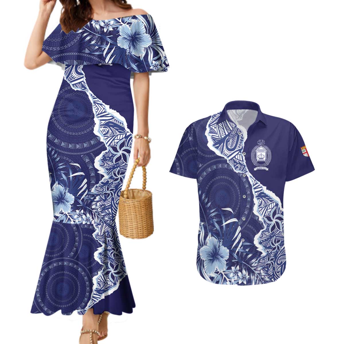 Fiji Queen Victoria School Personalised Couples Matching Mermaid Dress and Hawaiian Shirt Masi Tapa Torn Style LT7 Blue - Polynesian Pride