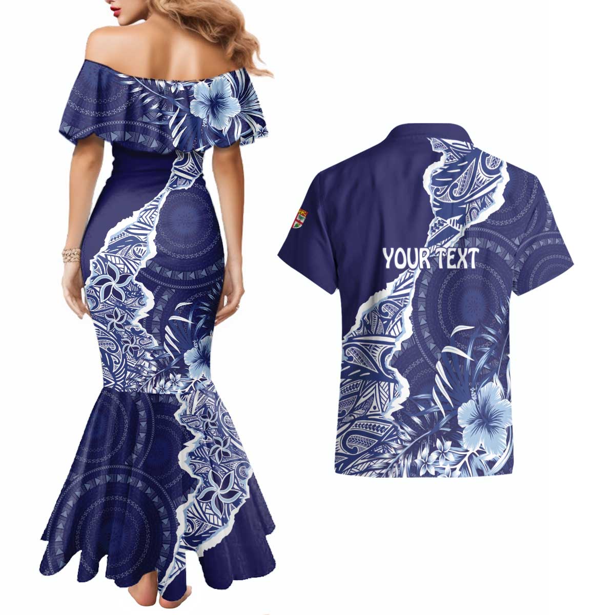 Fiji Queen Victoria School Personalised Couples Matching Mermaid Dress and Hawaiian Shirt Masi Tapa Torn Style LT7 - Polynesian Pride