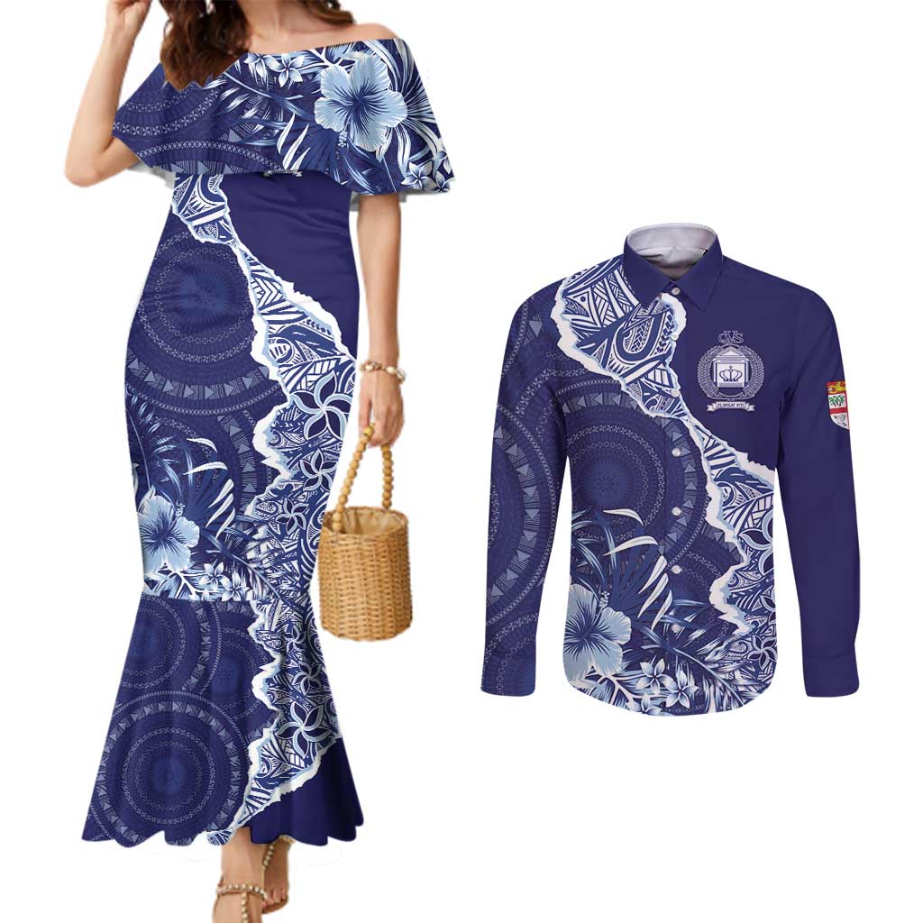 Fiji Queen Victoria School Personalised Couples Matching Mermaid Dress and Long Sleeve Button Shirt Masi Tapa Torn Style LT7 Blue - Polynesian Pride