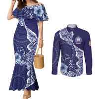 Fiji Queen Victoria School Personalised Couples Matching Mermaid Dress and Long Sleeve Button Shirt Masi Tapa Torn Style LT7 Blue - Polynesian Pride