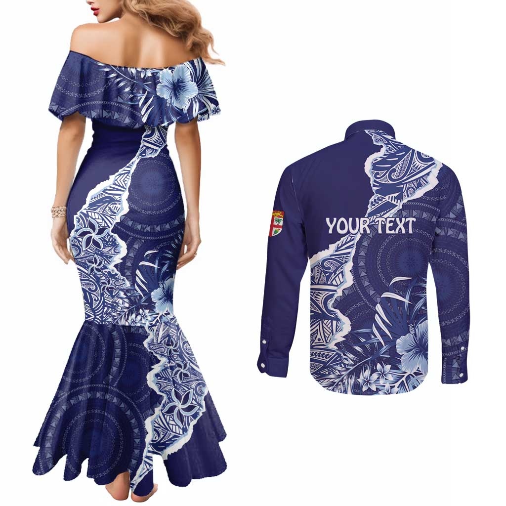 Fiji Queen Victoria School Personalised Couples Matching Mermaid Dress and Long Sleeve Button Shirt Masi Tapa Torn Style LT7 - Polynesian Pride