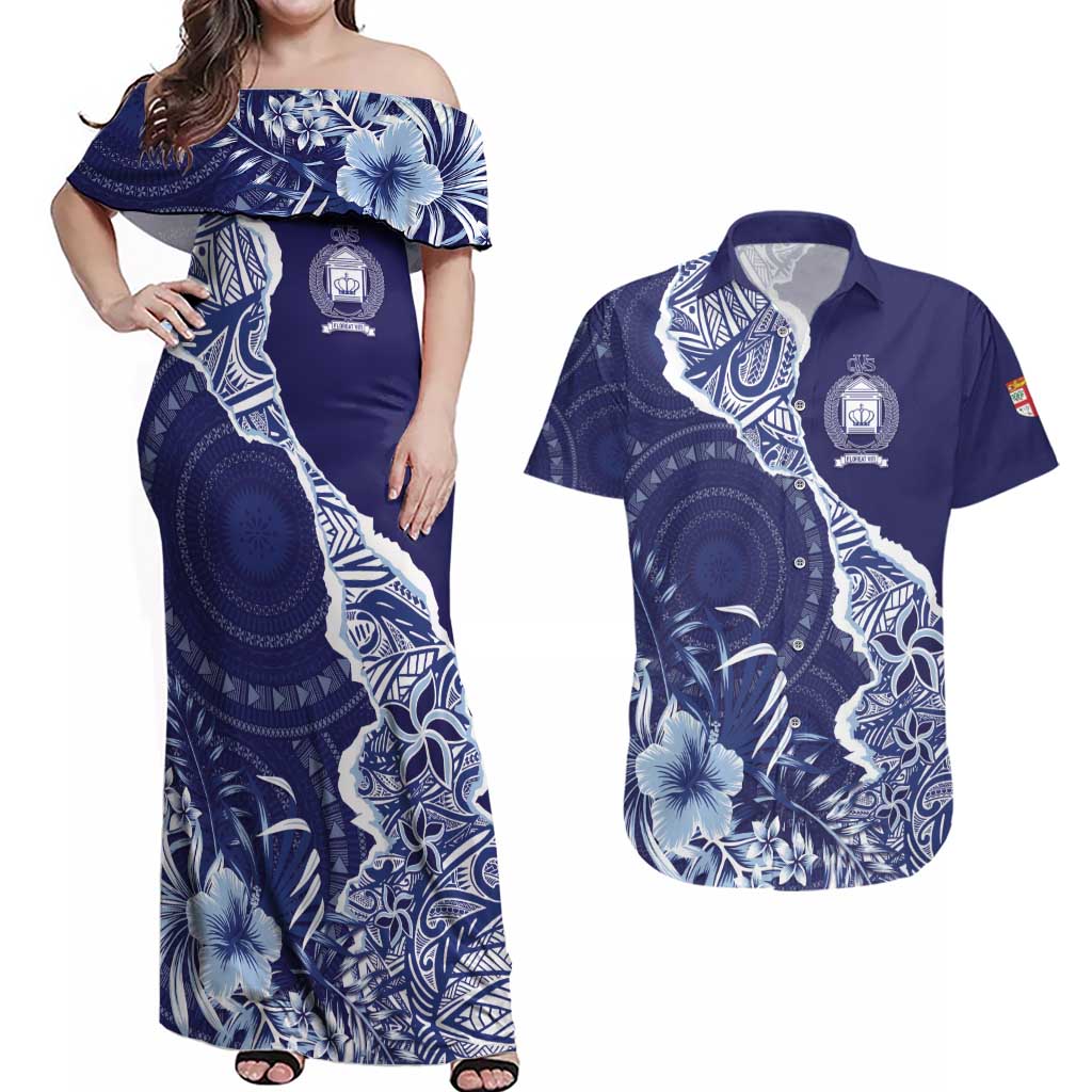 Fiji Queen Victoria School Personalised Couples Matching Off Shoulder Maxi Dress and Hawaiian Shirt Masi Tapa Torn Style LT7 Blue - Polynesian Pride