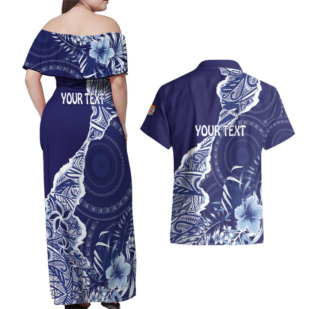 Fiji Queen Victoria School Personalised Couples Matching Off Shoulder Maxi Dress and Hawaiian Shirt Masi Tapa Torn Style LT7 - Polynesian Pride