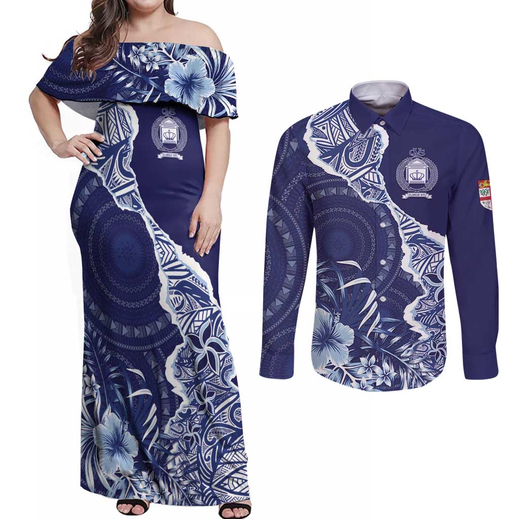 Fiji Queen Victoria School Personalised Couples Matching Off Shoulder Maxi Dress and Long Sleeve Button Shirt Masi Tapa Torn Style LT7 Blue - Polynesian Pride