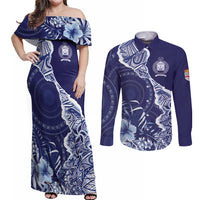 Fiji Queen Victoria School Personalised Couples Matching Off Shoulder Maxi Dress and Long Sleeve Button Shirt Masi Tapa Torn Style LT7 Blue - Polynesian Pride