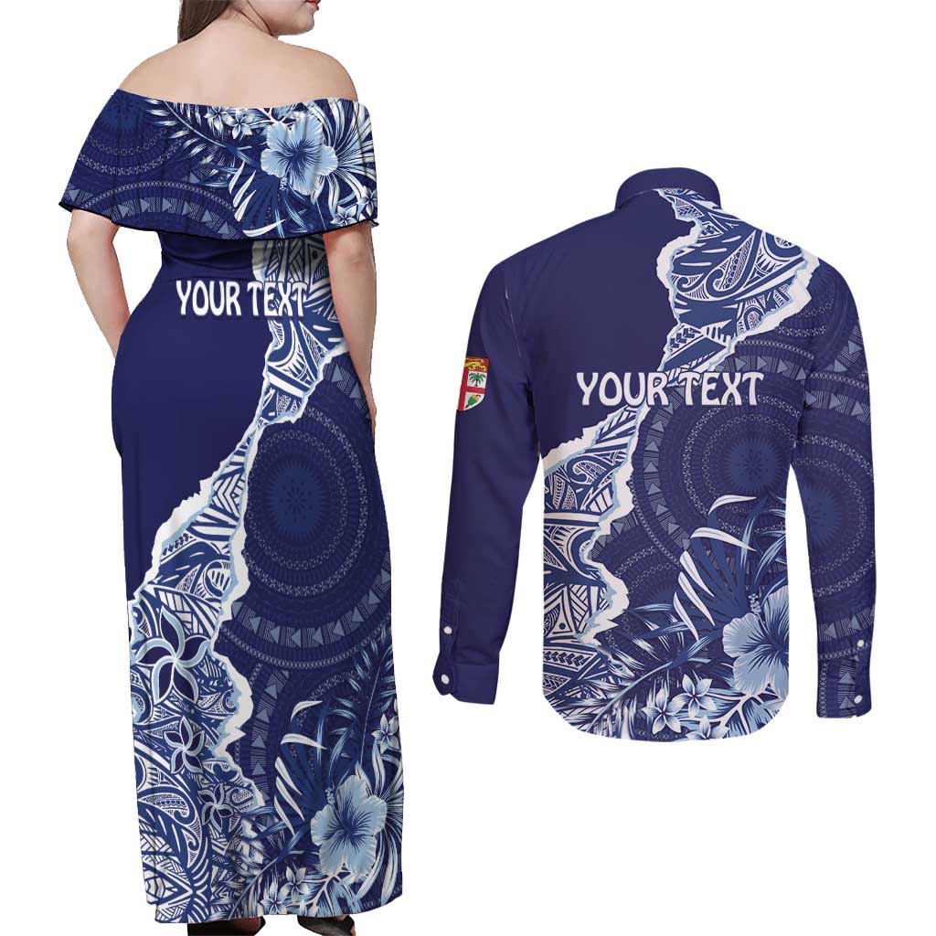 Fiji Queen Victoria School Personalised Couples Matching Off Shoulder Maxi Dress and Long Sleeve Button Shirt Masi Tapa Torn Style LT7 - Polynesian Pride