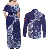 Fiji Queen Victoria School Personalised Couples Matching Off Shoulder Maxi Dress and Long Sleeve Button Shirt Masi Tapa Torn Style LT7 - Polynesian Pride