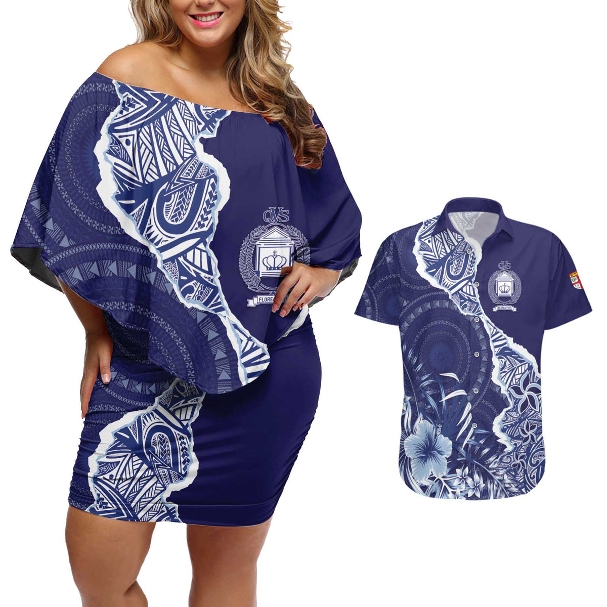 Fiji Queen Victoria School Personalised Couples Matching Off Shoulder Short Dress and Hawaiian Shirt Masi Tapa Torn Style LT7 Blue - Polynesian Pride