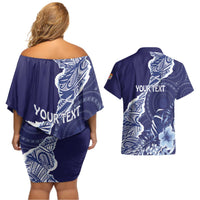 Fiji Queen Victoria School Personalised Couples Matching Off Shoulder Short Dress and Hawaiian Shirt Masi Tapa Torn Style LT7 - Polynesian Pride