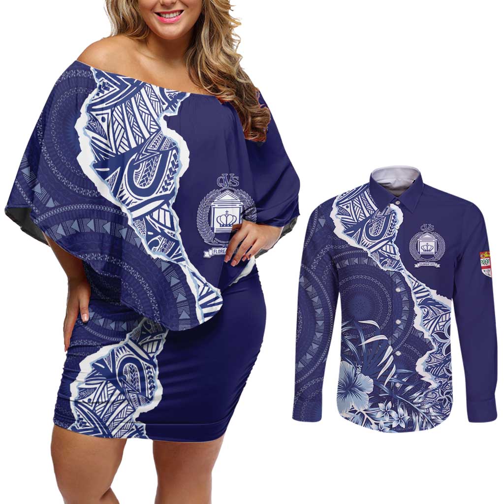 Fiji Queen Victoria School Personalised Couples Matching Off Shoulder Short Dress and Long Sleeve Button Shirt Masi Tapa Torn Style LT7 Blue - Polynesian Pride