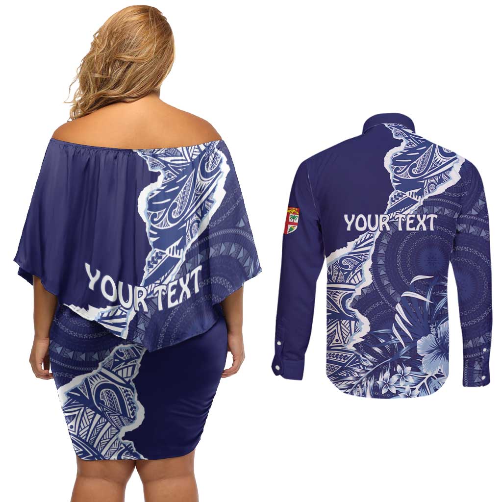 Fiji Queen Victoria School Personalised Couples Matching Off Shoulder Short Dress and Long Sleeve Button Shirt Masi Tapa Torn Style LT7 - Polynesian Pride