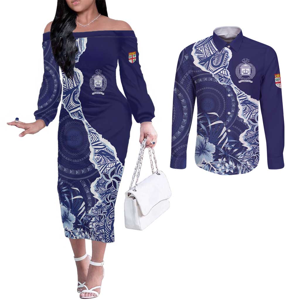 Fiji Queen Victoria School Personalised Couples Matching Off The Shoulder Long Sleeve Dress and Long Sleeve Button Shirt Masi Tapa Torn Style LT7 Blue - Polynesian Pride