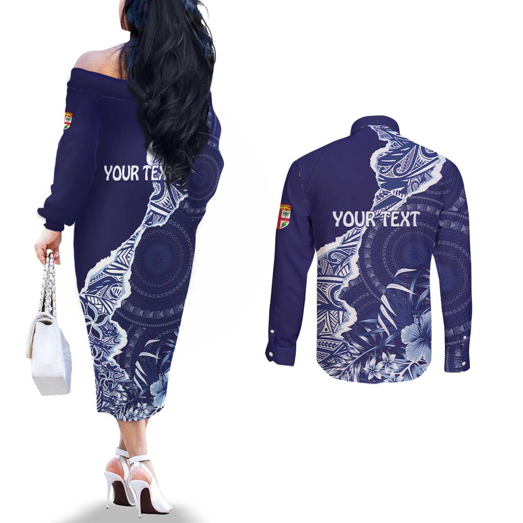 Fiji Queen Victoria School Personalised Couples Matching Off The Shoulder Long Sleeve Dress and Long Sleeve Button Shirt Masi Tapa Torn Style LT7 - Polynesian Pride