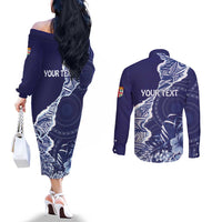 Fiji Queen Victoria School Personalised Couples Matching Off The Shoulder Long Sleeve Dress and Long Sleeve Button Shirt Masi Tapa Torn Style LT7 - Polynesian Pride