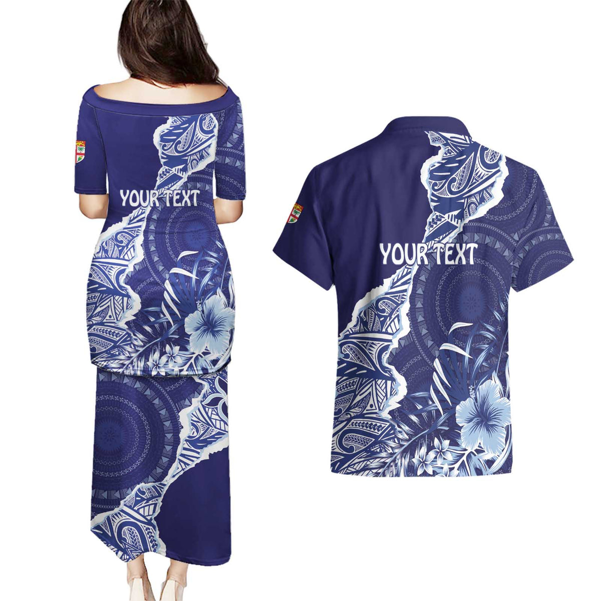 Fiji Queen Victoria School Personalised Couples Matching Puletasi and Hawaiian Shirt Masi Tapa Torn Style LT7 - Polynesian Pride
