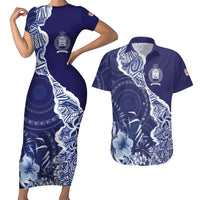 Fiji Queen Victoria School Personalised Couples Matching Short Sleeve Bodycon Dress and Hawaiian Shirt Masi Tapa Torn Style LT7 Blue - Polynesian Pride