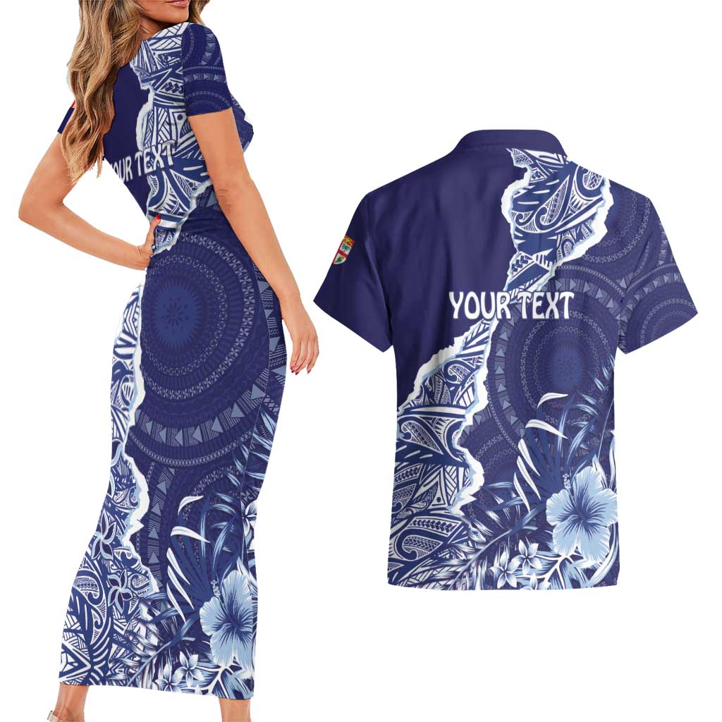Fiji Queen Victoria School Personalised Couples Matching Short Sleeve Bodycon Dress and Hawaiian Shirt Masi Tapa Torn Style LT7 - Polynesian Pride