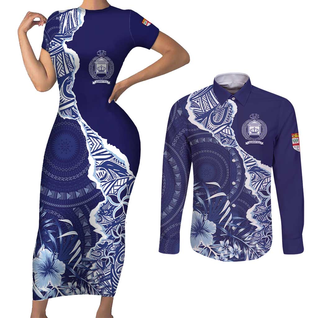 Fiji Queen Victoria School Personalised Couples Matching Short Sleeve Bodycon Dress and Long Sleeve Button Shirt Masi Tapa Torn Style LT7 Blue - Polynesian Pride