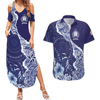 Fiji Queen Victoria School Personalised Couples Matching Summer Maxi Dress and Hawaiian Shirt Masi Tapa Torn Style LT7 Blue - Polynesian Pride