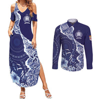Fiji Queen Victoria School Personalised Couples Matching Summer Maxi Dress and Long Sleeve Button Shirt Masi Tapa Torn Style LT7 Blue - Polynesian Pride