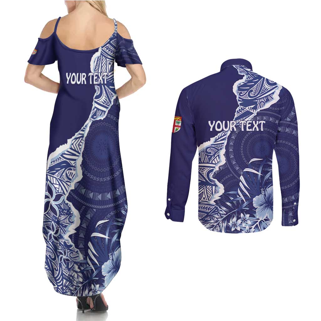 Fiji Queen Victoria School Personalised Couples Matching Summer Maxi Dress and Long Sleeve Button Shirt Masi Tapa Torn Style LT7 - Polynesian Pride