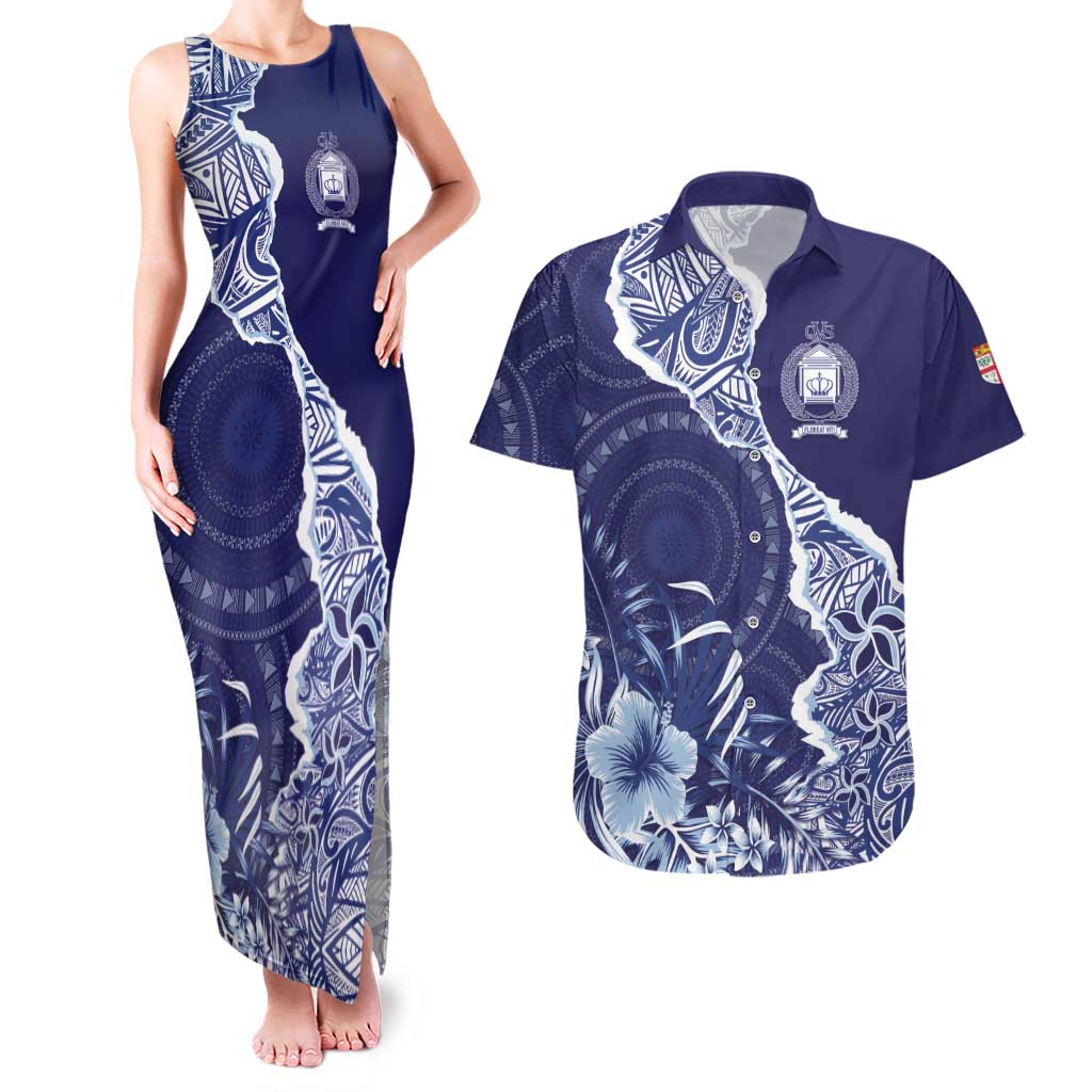 Fiji Queen Victoria School Personalised Couples Matching Tank Maxi Dress and Hawaiian Shirt Masi Tapa Torn Style LT7 Blue - Polynesian Pride