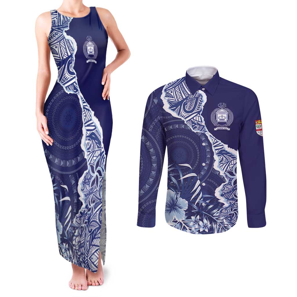 Fiji Queen Victoria School Personalised Couples Matching Tank Maxi Dress and Long Sleeve Button Shirt Masi Tapa Torn Style LT7 Blue - Polynesian Pride