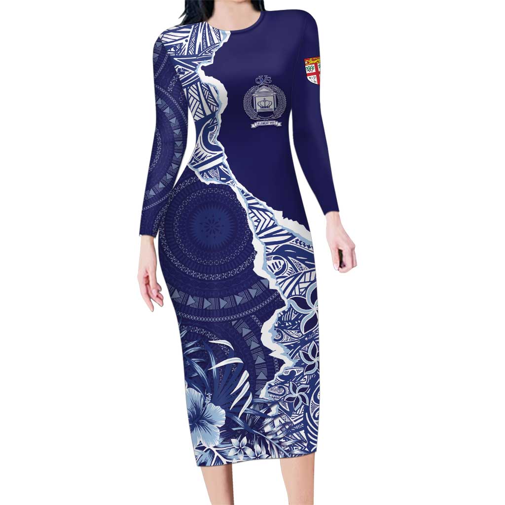Fiji Queen Victoria School Personalised Family Matching Long Sleeve Bodycon Dress and Hawaiian Shirt Masi Tapa Torn Style LT7 Mom's Dress Blue - Polynesian Pride