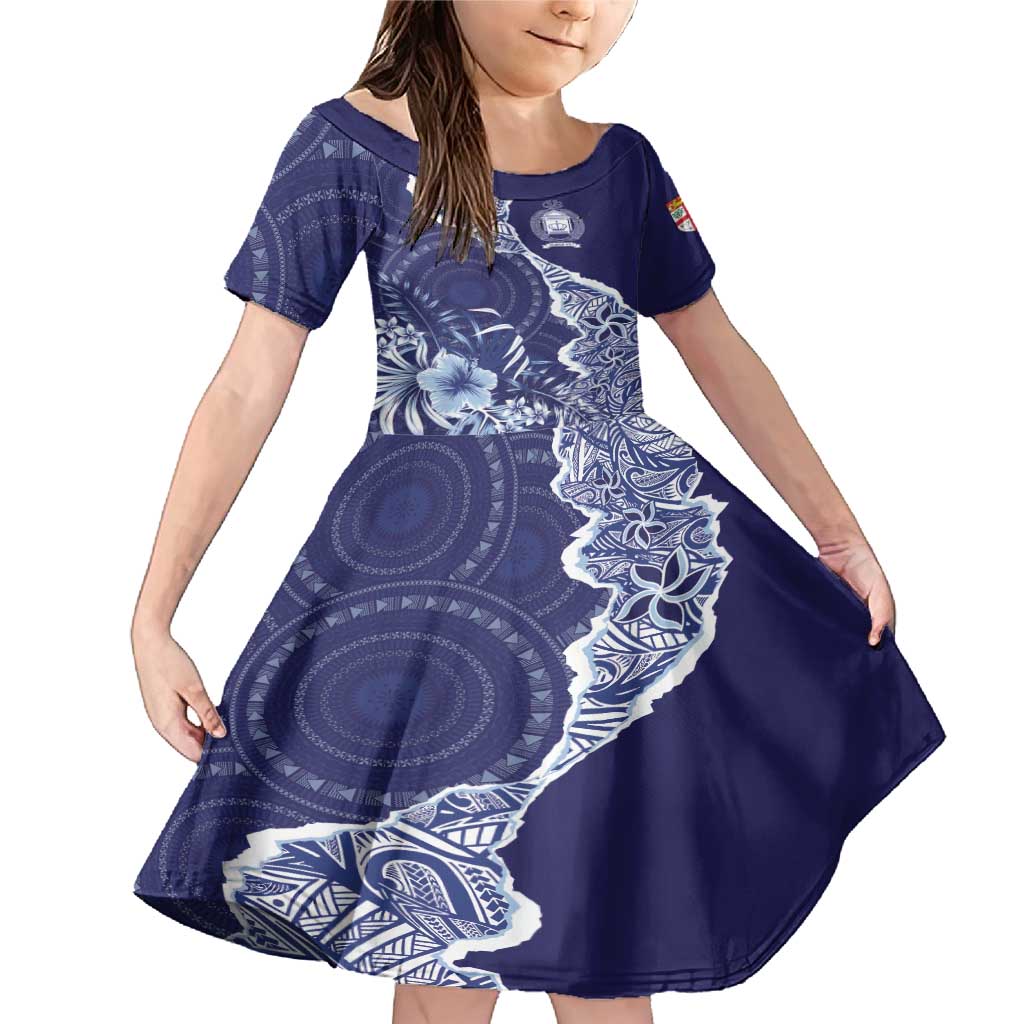 Fiji Queen Victoria School Personalised Family Matching Mermaid Dress and Hawaiian Shirt Masi Tapa Torn Style LT7 Daughter's Dress Blue - Polynesian Pride