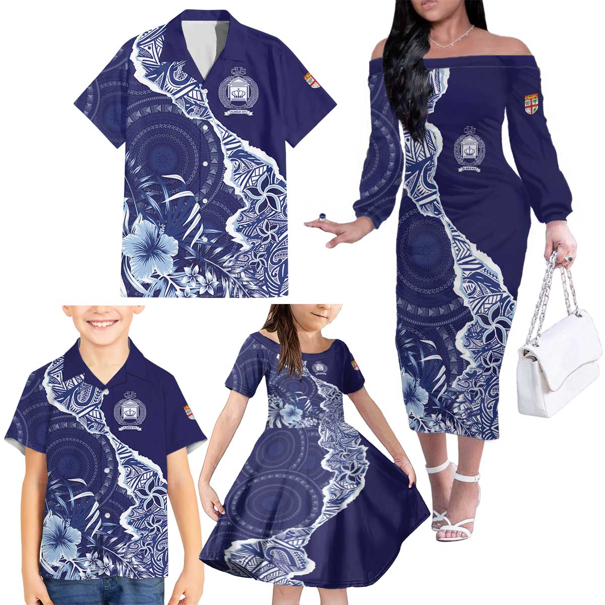 Fiji Queen Victoria School Personalised Family Matching Off The Shoulder Long Sleeve Dress and Hawaiian Shirt Masi Tapa Torn Style LT7 - Polynesian Pride