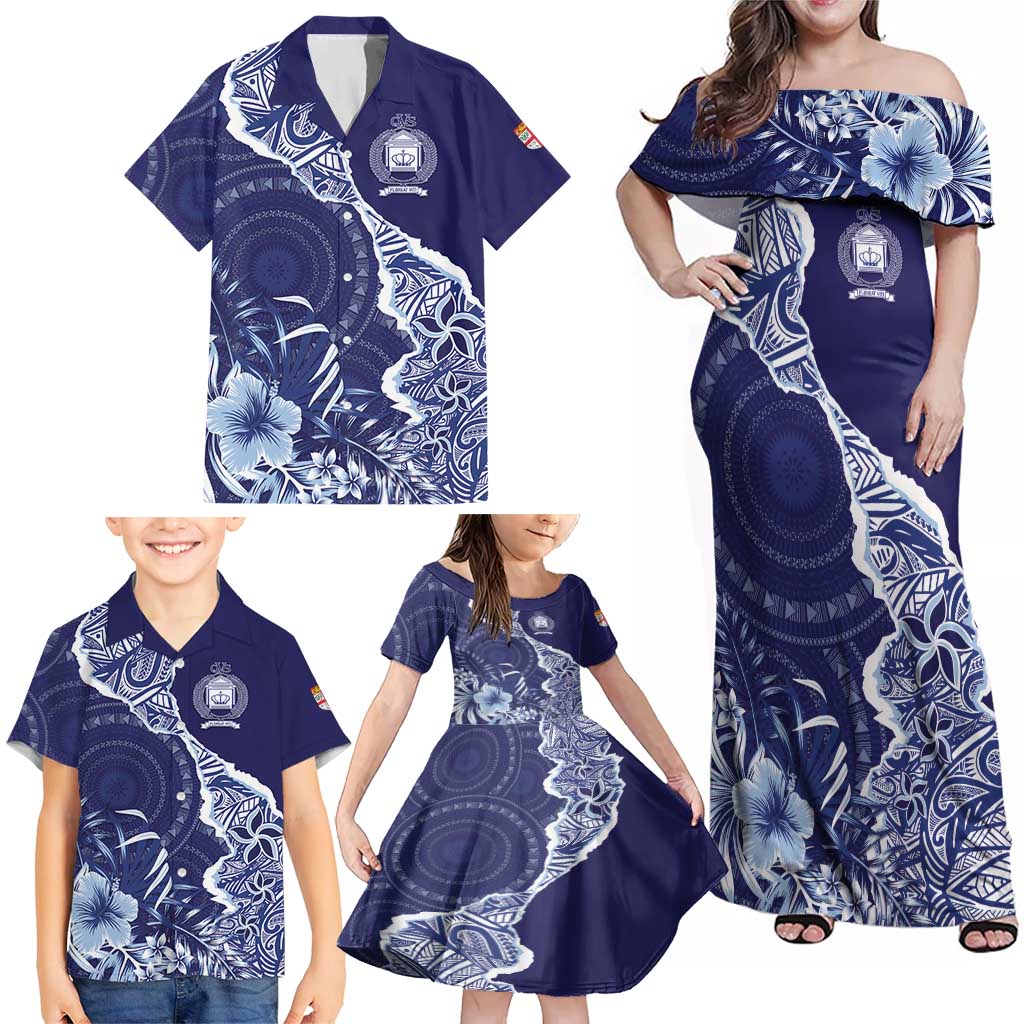 Fiji Queen Victoria School Personalised Family Matching Off Shoulder Maxi Dress and Hawaiian Shirt Masi Tapa Torn Style LT7 - Polynesian Pride