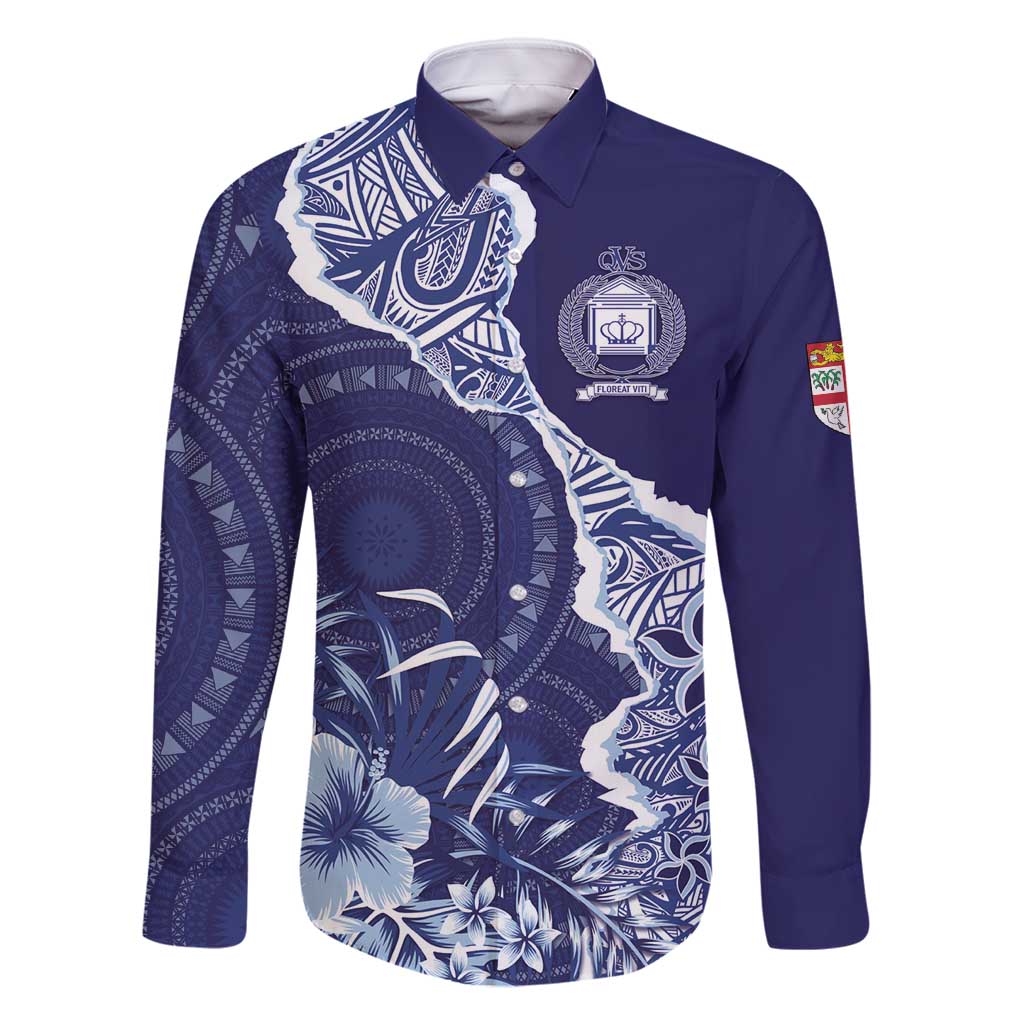 Fiji Queen Victoria School Personalised Family Matching Off Shoulder Maxi Dress and Hawaiian Shirt Masi Tapa Torn Style LT7 Dad's Shirt - Long Sleeve Blue - Polynesian Pride