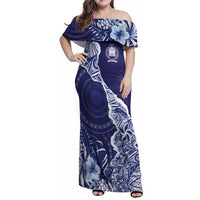 Fiji Queen Victoria School Personalised Family Matching Off Shoulder Maxi Dress and Hawaiian Shirt Masi Tapa Torn Style LT7 Mom's Dress Blue - Polynesian Pride