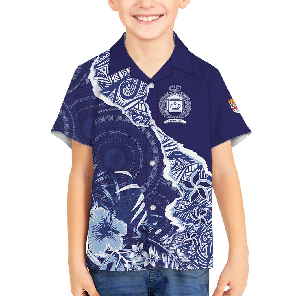Fiji Queen Victoria School Personalised Family Matching Off Shoulder Maxi Dress and Hawaiian Shirt Masi Tapa Torn Style LT7 Son's Shirt Blue - Polynesian Pride