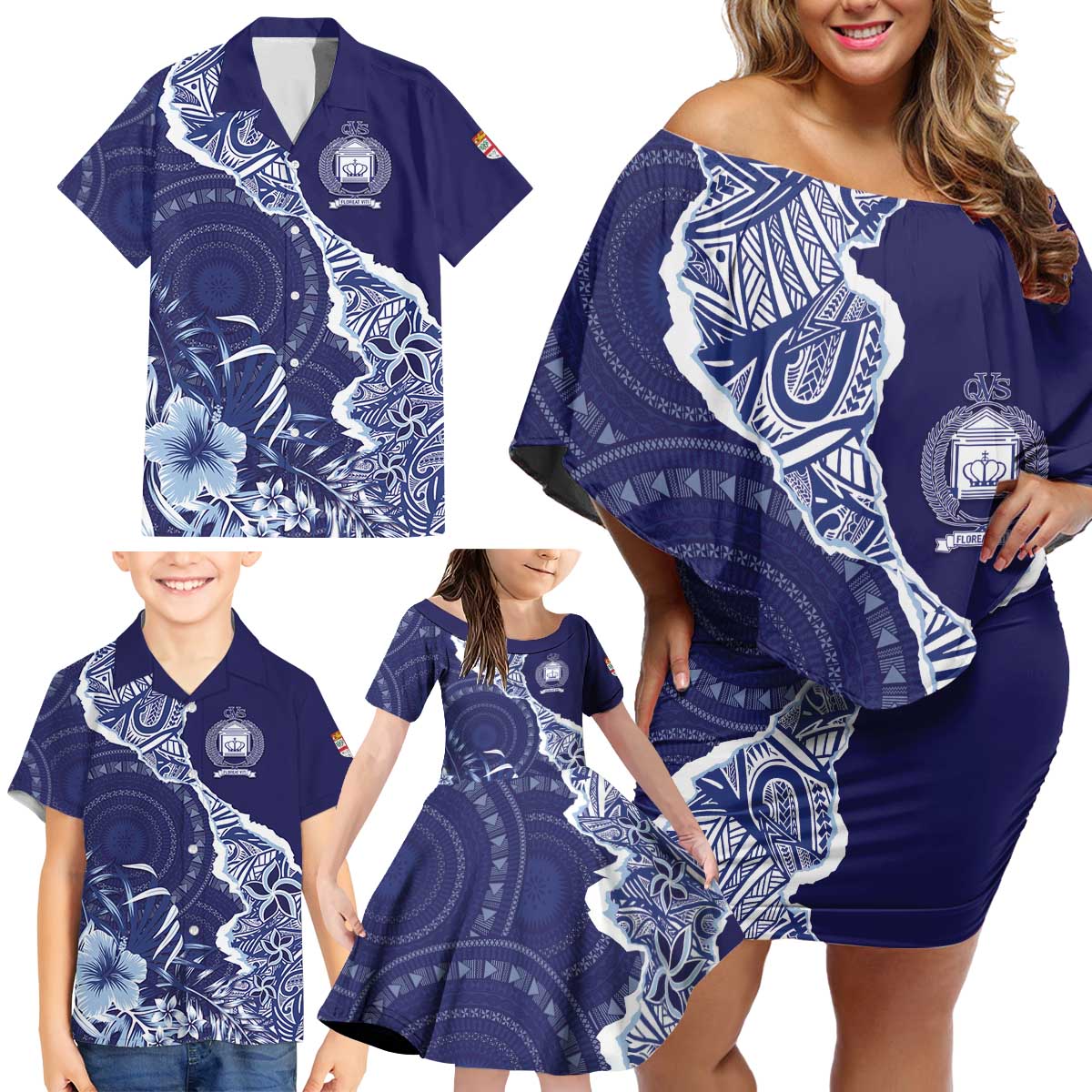 Fiji Queen Victoria School Personalised Family Matching Off Shoulder Short Dress and Hawaiian Shirt Masi Tapa Torn Style LT7 - Polynesian Pride